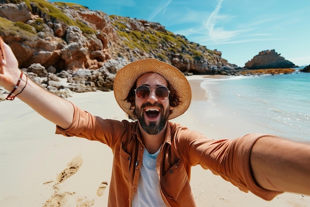 Foto eccitato bell'uomo che prende selfie in spiaggia
