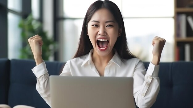 興奮したアジア人女性勝者感オンラインでの勝利に喜びノートパソコンで新しい仕事の機会を手に入れた - ガジェット通信 GetNews