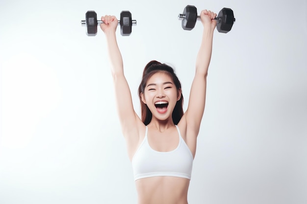 Photo excited and happy slim cute asian girl lifting dummbells on fitness classes enjoying workout white b