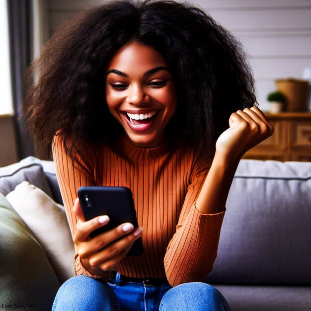 집에서 소파에 앉아있는 스마트 폰 장치를 들고 있는 흥분된 행복한 젊은 흑인 여성