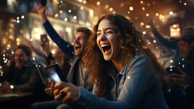 Excited hipster man and woman winning the internet lottery Betting on modern smartphone websites happy couple in love celebrate victory