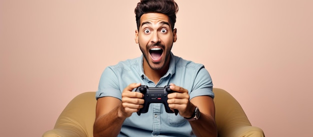 Excited Hispanic man playing video game on sofa gesturing with open palms and smiling showcasing ad
