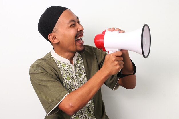 Excited Indonesian Man Promotes Ramadan Deals with megaphone