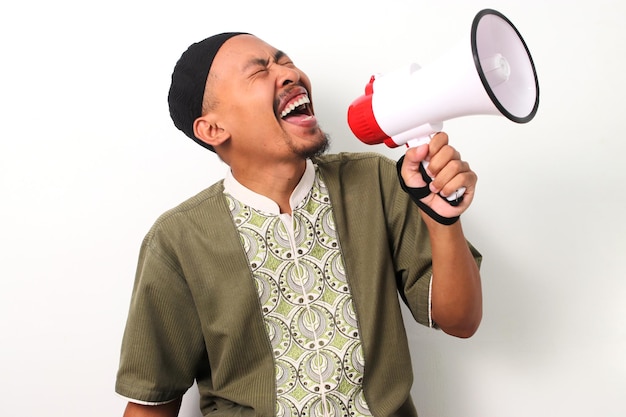 Excited Indonesian Man Promotes Ramadan Deals with megaphone