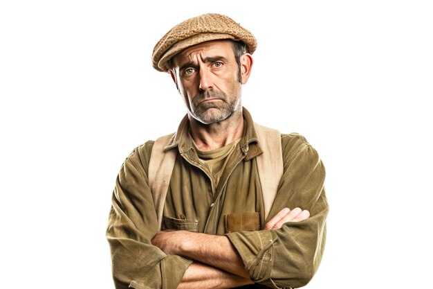 Excited irritated angry male farmer in work clothes white background isolate