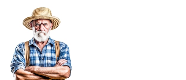 Excited irritated angry male farmer in work clothes white background isolate