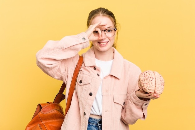 Excited keeping ok gesture on eye