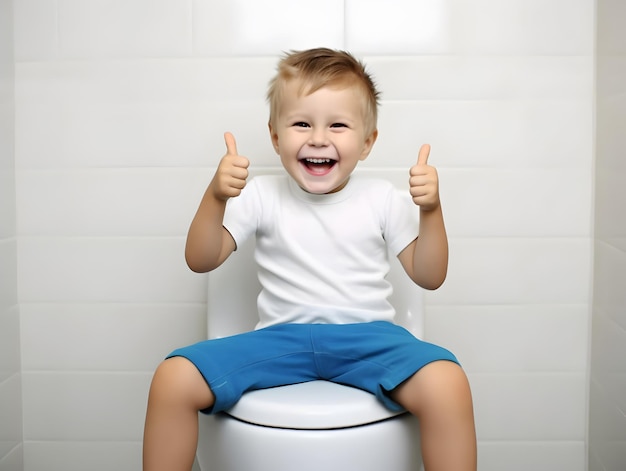 An excited kid sitting on toilet Normal bowel habit concept