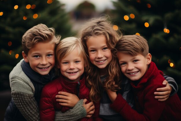 Excited Kids Gathered Around the Christmas Tree in Their Pajamas Ready to Unwrap Gifts