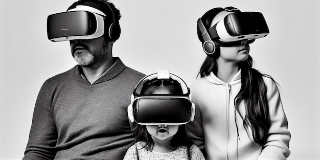 흥분한 아이들과 노인들이 VR 헤드으로 놀고 있습니다.