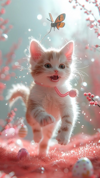 Photo excited kitten chasing a butterfly easter wallpaper