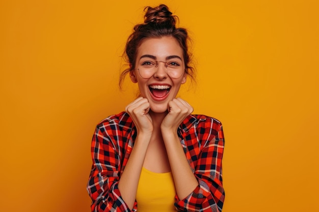 Excited lady in checkered shirt smiling brightly