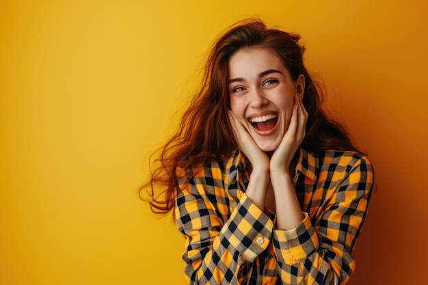 Excited lady in checkered shirt smiling brightly