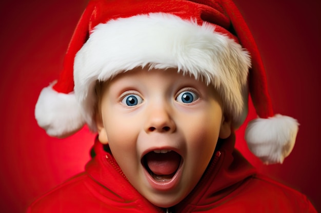 Excited little boy with big eyes in Santa Claus costume bright red background