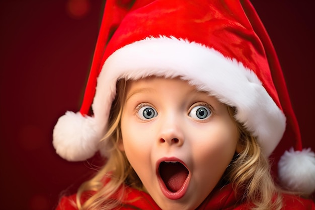 Excited little girl with big eyes in Santa Claus costume bright red background