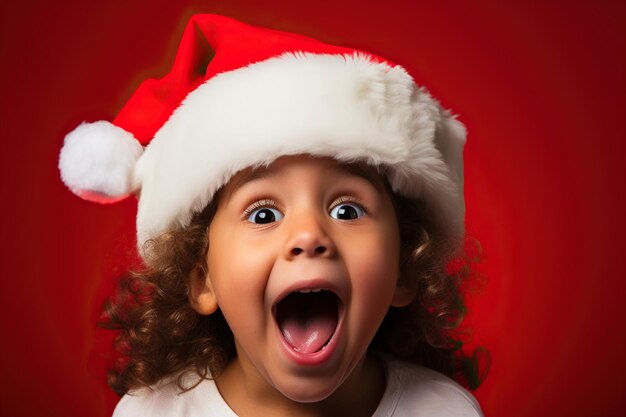 Excited little girl with big eyes in santa claus costume bright red background