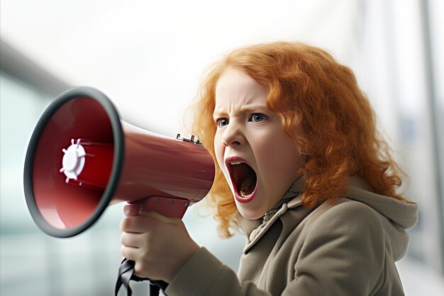 写真 興奮した赤の女の子がメガフォンで発表しニュースを共有しています