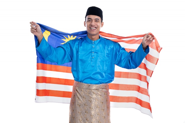 Excited malaysian man muslim with flag