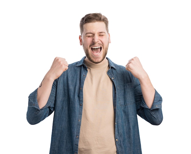 Excited male gesturing from happiness