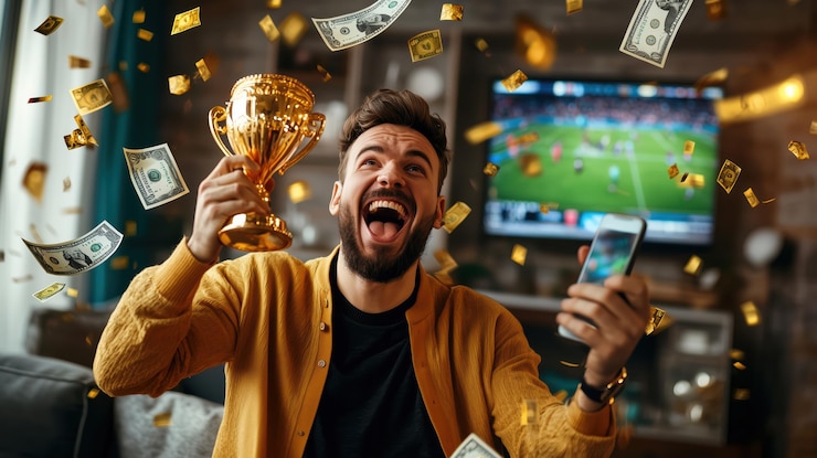 Photo excited man celebrating football bet win with trophy and money in living room with tv showing football match