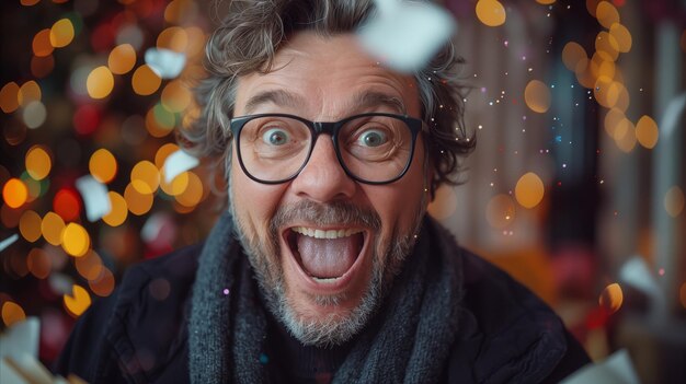 Excited Man Celebrating Holiday Season Amidst Twinkling Lights