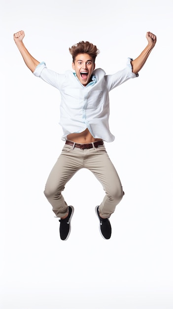 Excited man celebrating success and jumping high yellow white background