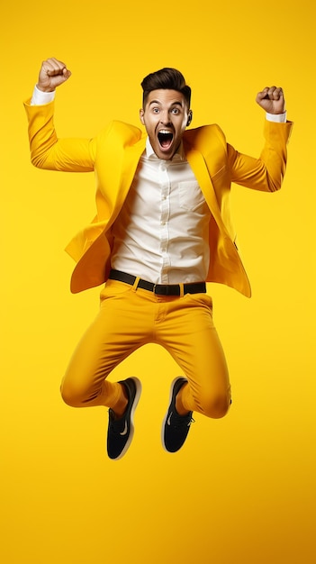 Excited man celebrating success and jumping high yellow white background