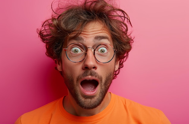 Photo excited man on pink background unexpected joy image