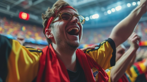 Excited man showcasing colorful sports gear to enthusiastic crowd aig