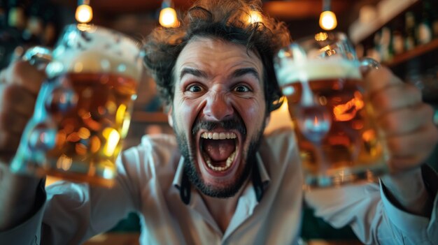 Foto uomo eccitato con i capelli ricci acclama con entusiasmo con due tazze di birra in un bar