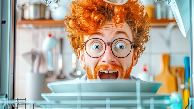 Photo excited man with glasses peeking into dishwasher