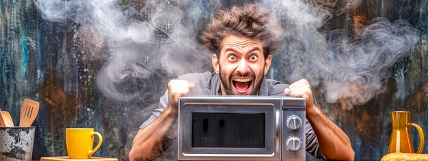 Excited man with smoky microwave in kitchen