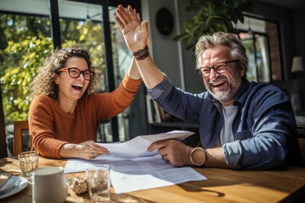 Foto coppia matura eccitata che celebra il successo finanziario leggendo buone notizie nei documenti