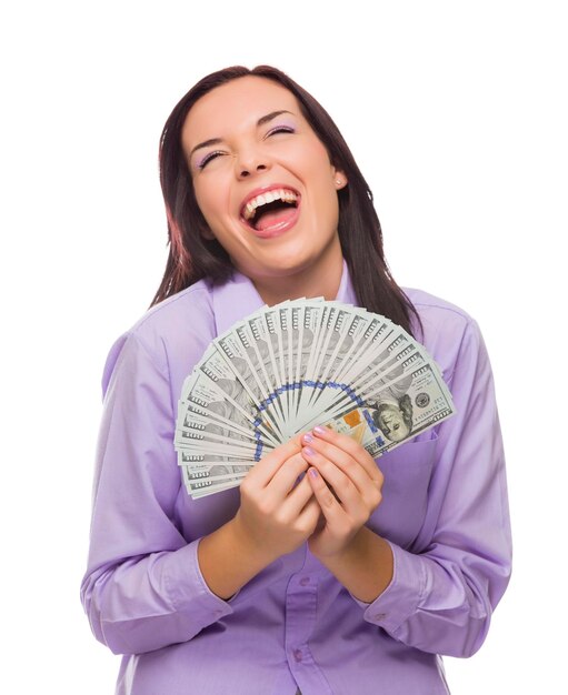 Photo excited mixed race woman holding the newly designed united states one hundred dollar bills isolated on a white background