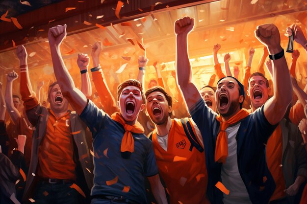 Photo excited netherlands football fans cheering for their team during a game at stadium ai generated