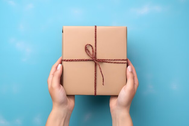 Excited person holding festive brown box with red ribbon wrapped in brown paper for special occasion