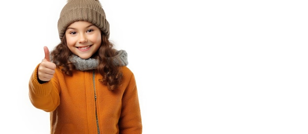 Excited preteen girl in warm clothes happily pointing at copy space isolated