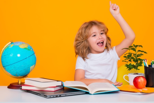 Excited pupil School child studying in classroom at elementary school Kid studying on lesson on yellow isolated background Little student smart nerd pupil Education and learning