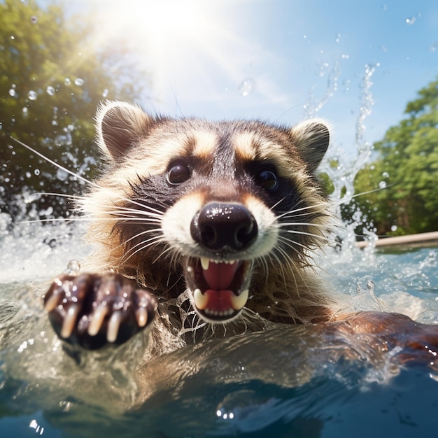 Photo excited raccoon in pool swimming