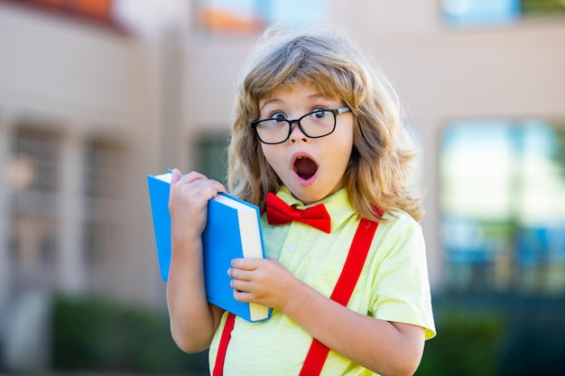 Excited schoolboy with book at the school