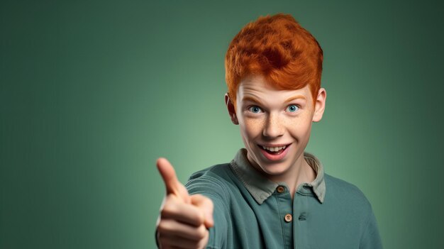 Photo excited teenager girl indicating something with her hand in a clean green backdrop generative ai