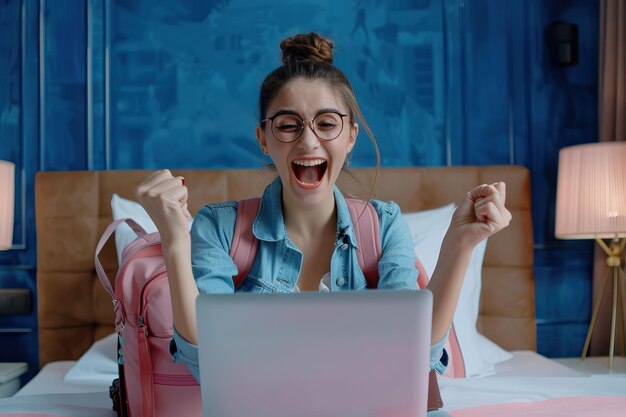 Photo excited woman booking discounted travel online from home