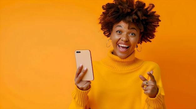 Excited Woman in Bright Yellow Sweater Holding Phone Points at Viewer Vibrant Casual Fashion and Technology in Studio Setting Cheerful Expression Captured AI