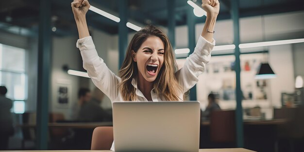 Excited woman celebrating success at workplace with raised hands joyful expression in an office setting AI