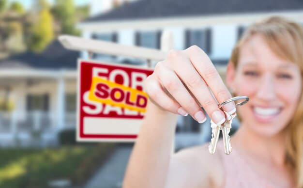 Photo excited woman holding house keys and sold for sale real estate sign in front of nice new home
