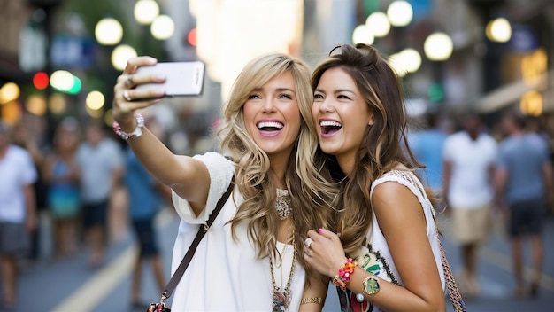 Photo excited woman making selfie with friend