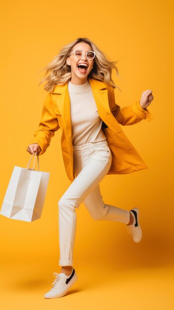 Excited woman running with shopping bag on yellow background