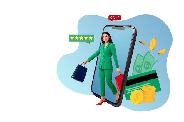 Excited woman shopaholic walking out phone screen with shopping bags happy about sales and discounts