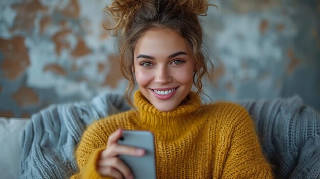 An excited woman sits on a chair with her hand on a cell phone pointing at a big bright white screen smart phone showing off a new cool app a free copy space mock up and a banner for her website