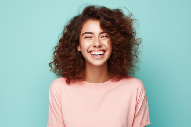 Excited woman smiling minimal background 8k